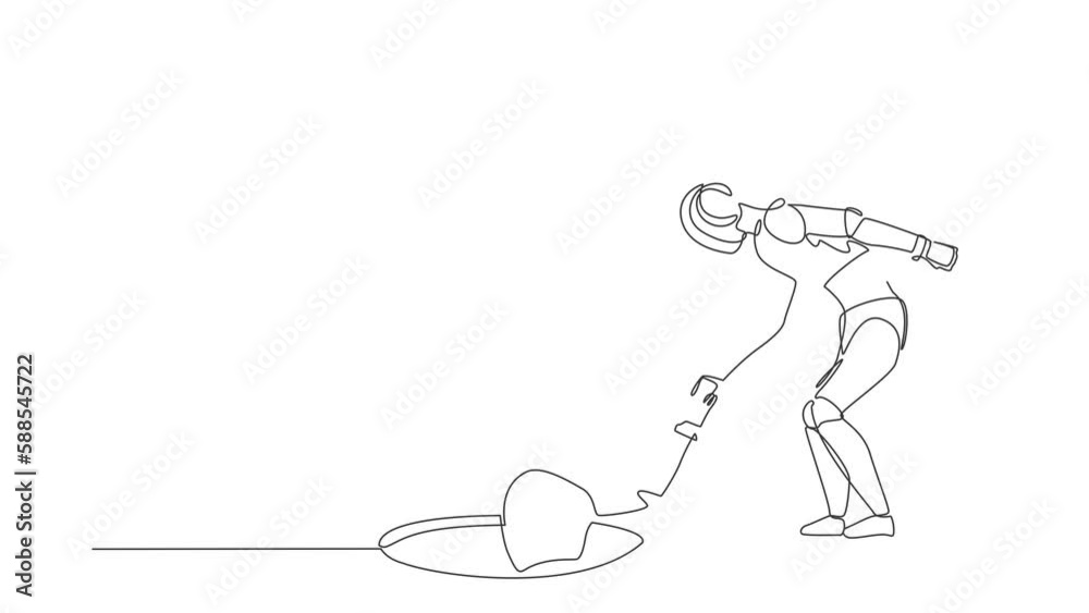 Animated self drawing of continuous one line draw robot helping his friend by take him out from hole. Humanoid robot cybernetic organism. Future robotics development. Full length single line animation Animated self drawing of continuous one line draw robot helping his friend by take him out from hole. Humanoid robot cybernetic organism. Future robotics development. Full length single line animation