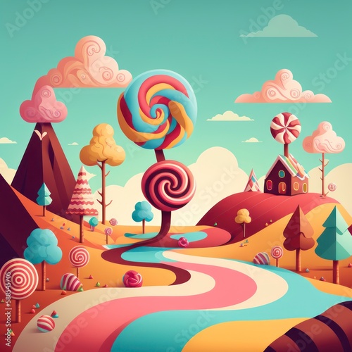 lollipops in the park, colorful candy land playground, sweet swirl candies, isolated background, cute cartoon environment happy amusement park, fantasy world, hills epic cinematic generative ai 
