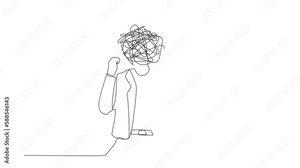 Animated self drawing of continuous one line draw businesswoman with round scribbles instead of head. Woman raised fist, shout expression. Expresses negative emotion. Full length single line animation Animated self drawing of continuous one line draw businesswoman with round scribbles instead of head. Woman raised fist, shout expression. Expresses negative emotion. Full length single line animation