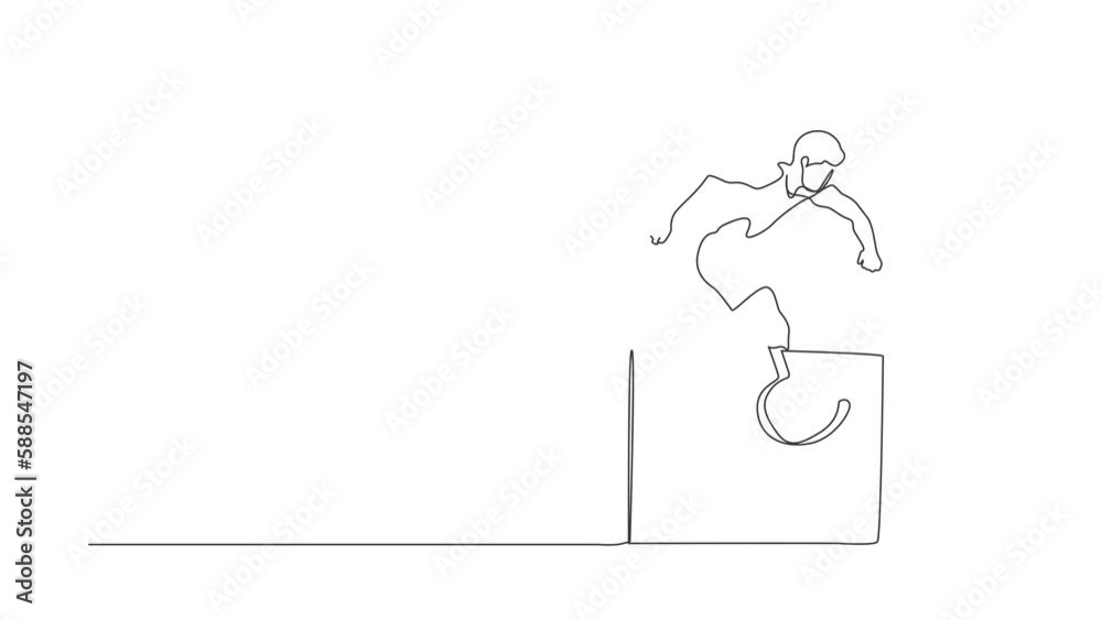 Animated self drawing of continuous line draw amputated young male athlete jumping, running over hurdle. Disability games with hurdle race. Disability sport concept. Full length one line animation Animated self drawing of continuous line draw amputated young male athlete jumping, running over hurdle. Disability games with hurdle race. Disability sport concept. Full length one line animation