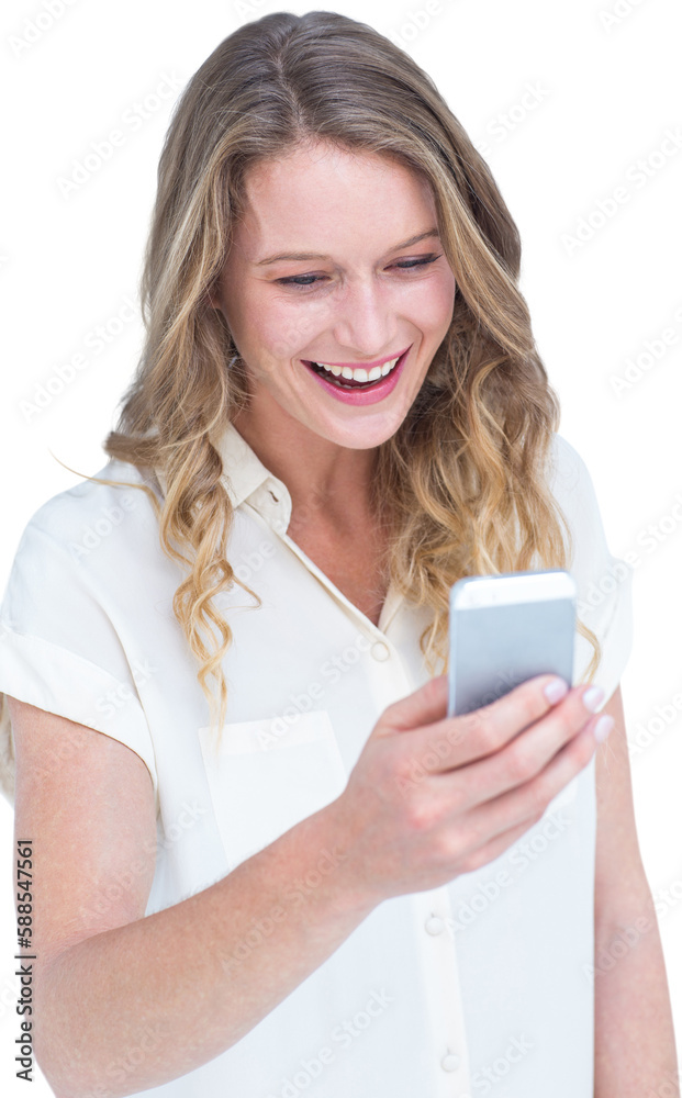 Smiling woman texting with her smartphone Smiling woman texting with her smartphone
