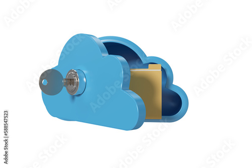 Blue locker in cloud shape with key and folder