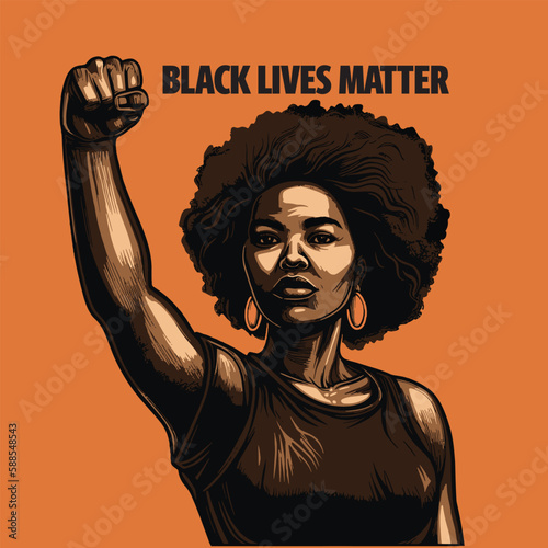 Black lives matter text message. Black Woman raised hand, Black power pride fists, isolated style on orange background. prejudice discrimination activism african american people, Vector Illustration