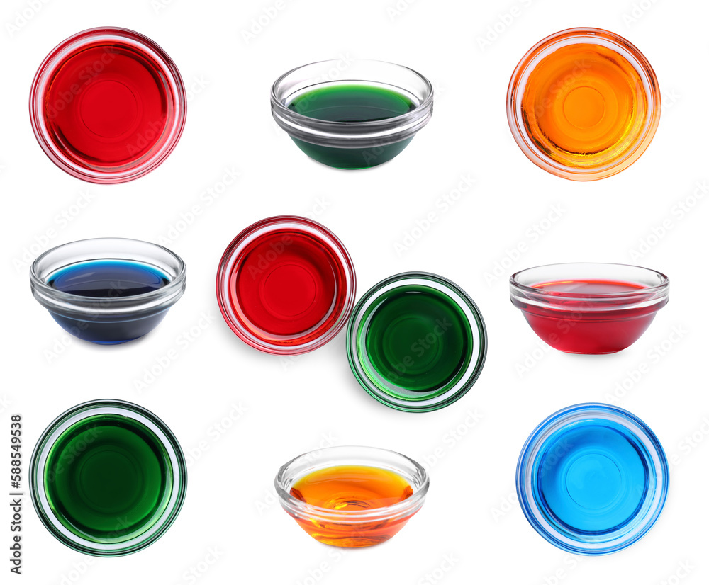 Collage of glass bowls with different food coloring isolated on white Collage of glass bowls with different food coloring isolated on white