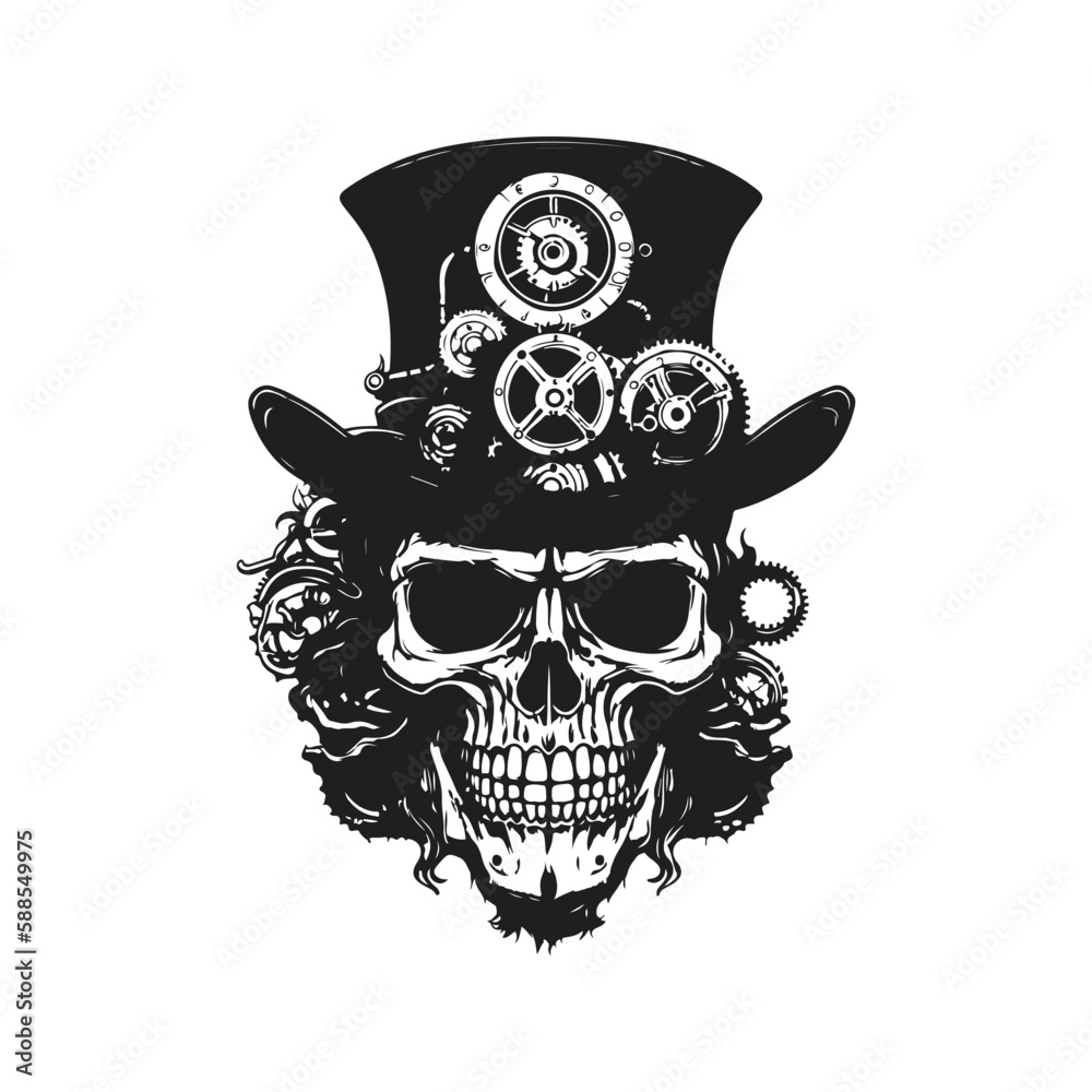 steampunk skull, logo concept black and white color, hand drawn illustration