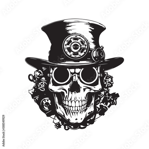 steampunk skull, logo concept black and white color, hand drawn illustration