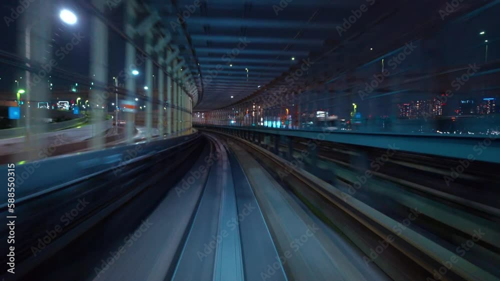 POV ride on the Yurikamome monorail in Minato, Tokyo, Japan