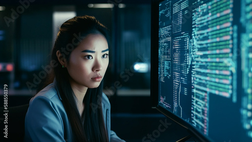 Young asian woman watching computer screens, business technology. Generative AI