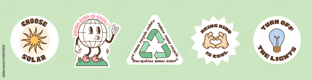 Obraz premium Save the planet stickers in trendy retro cartoon style. Sticker pack for Earth Day. World Environment Day. Funny vector illustration of planet Earth, globe with smiley face. Eco green labels or badges