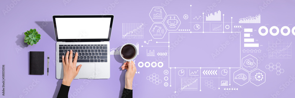 Industry 4.0 theme with person using a laptop computer Industry 4.0 theme with person using a laptop computer