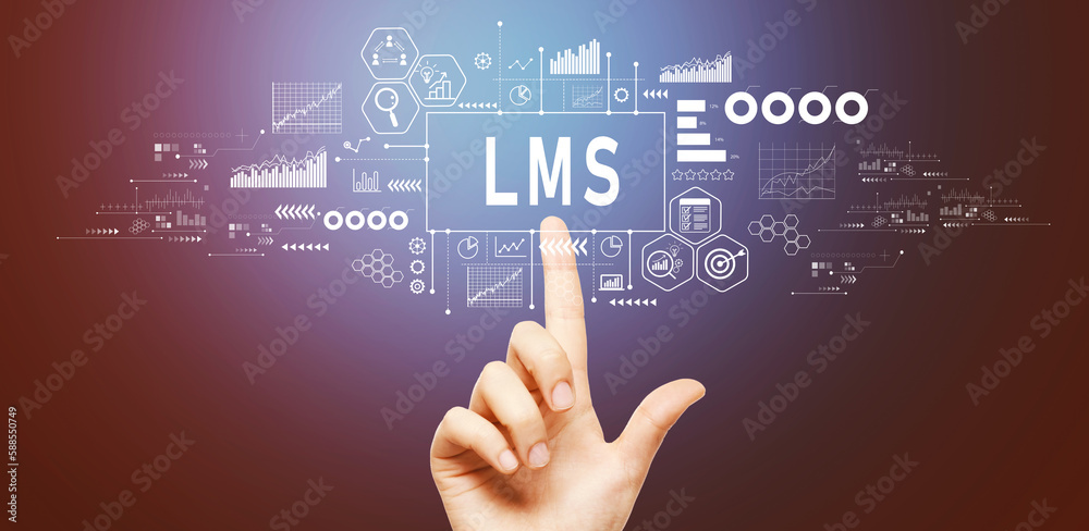 LMS - Learning Management System with hand pressing a button on a technology screen LMS - Learning Management System with hand pressing a button on a technology screen