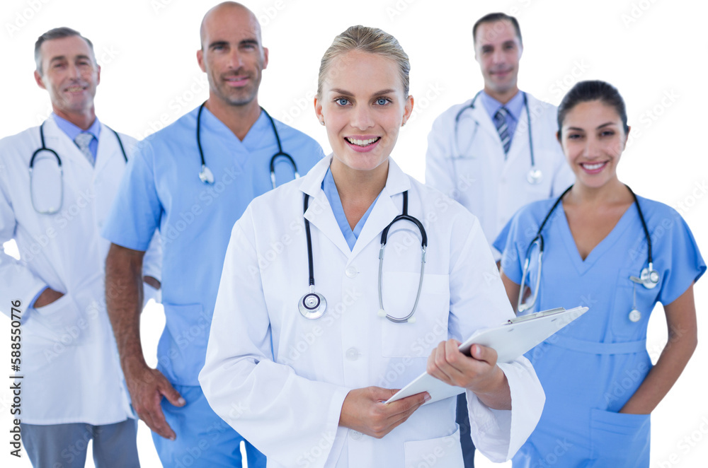Confident female doctor with team over white background Confident female doctor with team over white background