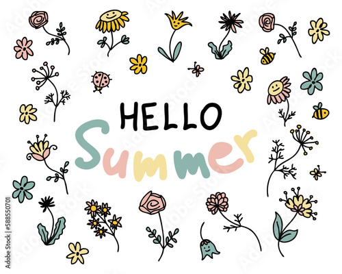HELLO SUMMER slogan print with wildflowers in simple doodle style. Perfect for tee, stickers, cards. Isolated vector illustration for decor and design.