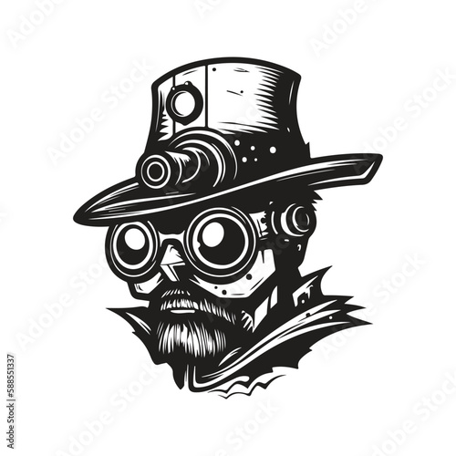 steampunk hat, logo concept black and white color, hand drawn illustration