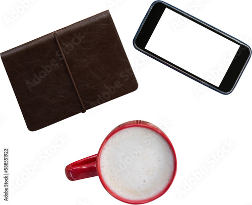 Mobile phone, diary and coffee cup