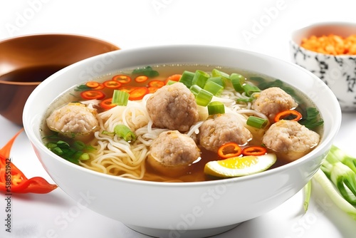 A plate of juicy bakso meatballs with flavorful broth, photographed up close. Generative AI