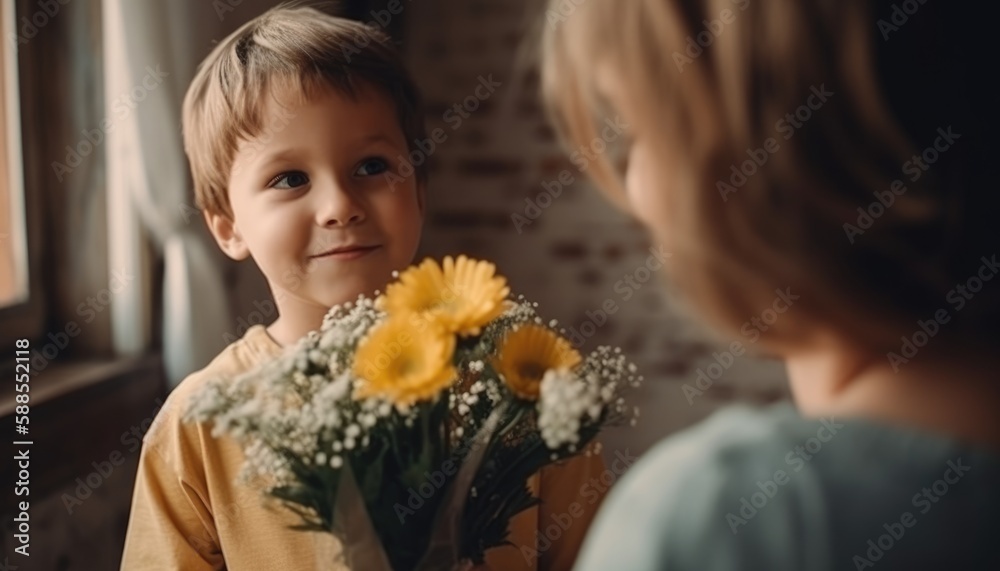 Little boy holding flowers, hugging his mother and celebrating mother's day. Generative AI Little boy holding flowers, hugging his mother and celebrating mother's day. Generative AI