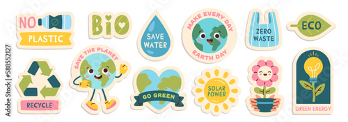 Eco stickers set. Caring for nature and environment. Recycle, save water and planet, stop plastic. Green energy and solar power. Cartoon flat vector illustrations isolated on white background