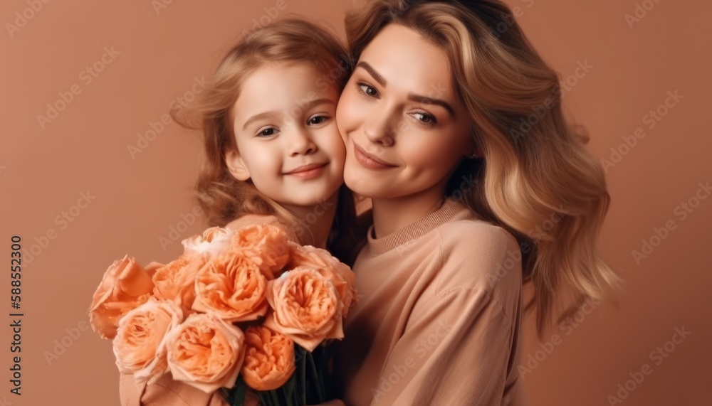 Little girl holding flowers, hugging her mother and celebrating mother's day. Generative AI Little girl holding flowers, hugging her mother and celebrating mother's day. Generative AI