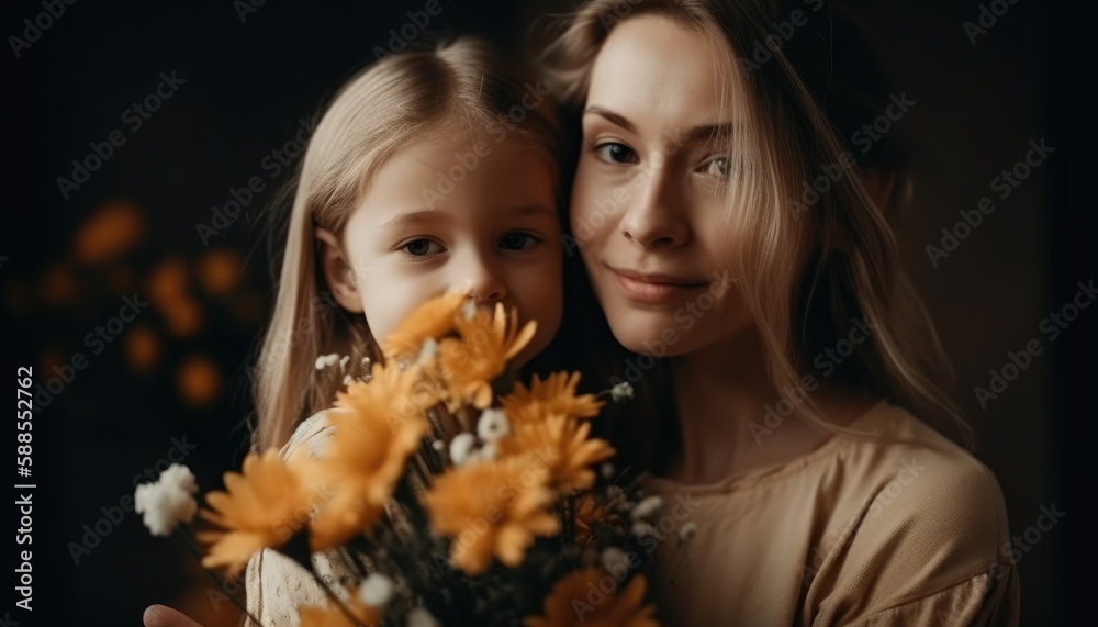 Little girl holding flowers, hugging her mother and celebrating mother's day. Generative AI