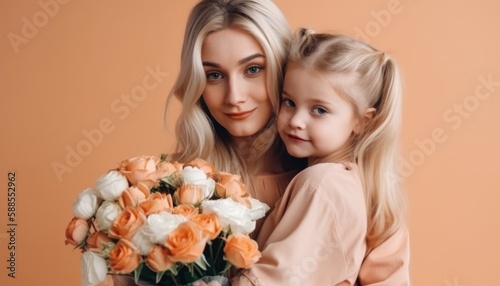 Little girl holding flowers, hugging her mother and celebrating mother's day. Generative AI