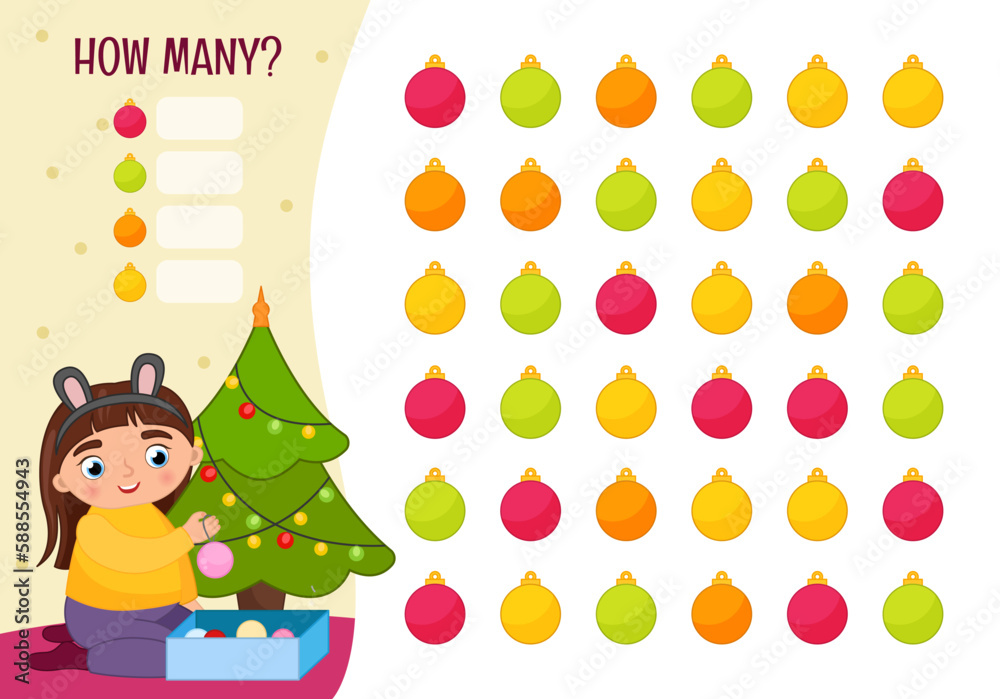 Fototapeta premium Counting educational children game, math kids activity sheet. How many objects task. Cartoon illustration of a cute girl decorating a Christmas tree. 
