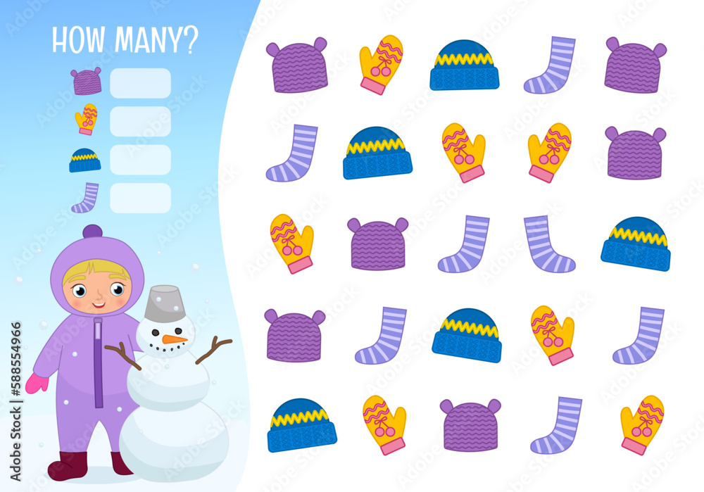 Counting educational children game, math kids activity sheet. How many objects task. Cartoon illustration of a cute girl making a snowman.
