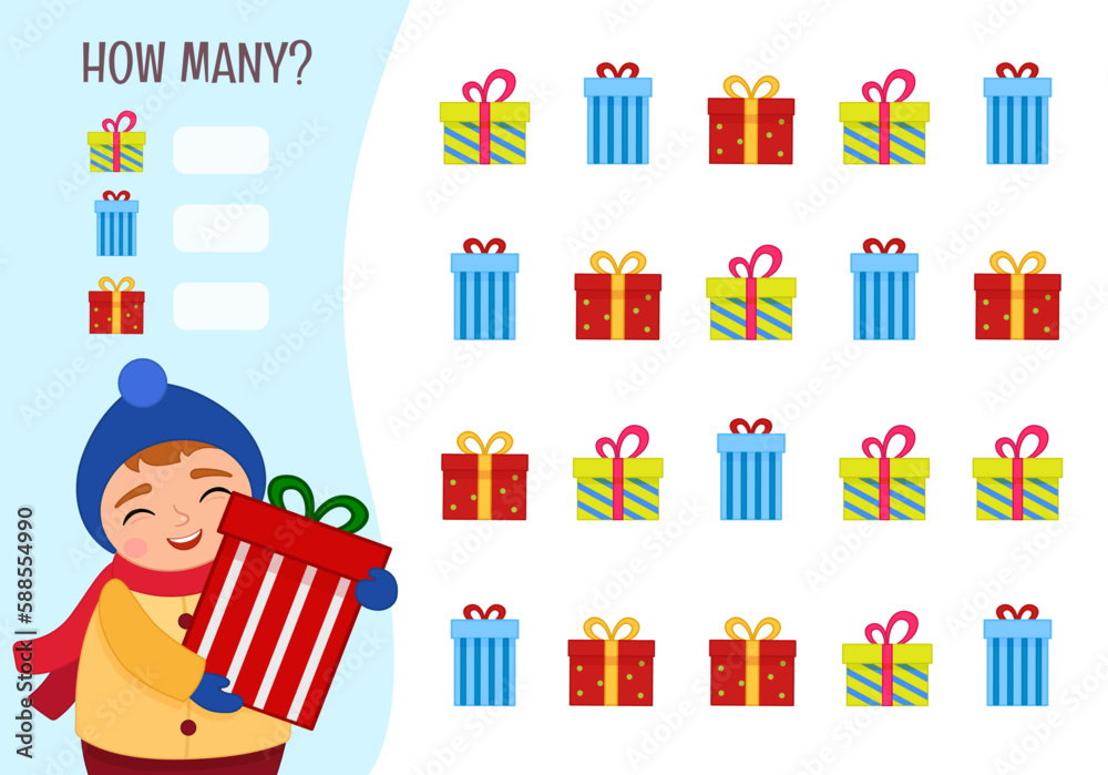 Counting educational children game, math kids activity sheet. How many objects task. Vector illustration of a cute boy holding a big gift.
