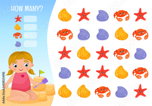Counting educational children game, math kids activity sheet. How many objects task. Summer collection. A cute girl sculpts sand cakes.
