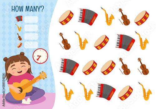Counting educational children game, math kids activity sheet. How many objects task. Cartoon illustration of a cute girl playing the guitar.
