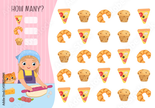 Counting educational children game, math kids activity sheet. How many objects task. Cartoon illustration of a cute girl rolls out pizza dough.
