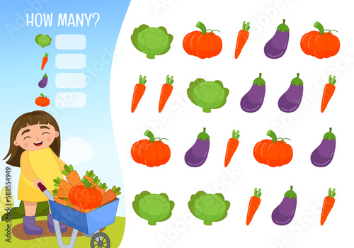 Counting educational children game, math kids activity sheet. How many objects task. Cartoon illustration of a cute girl driving a wheelbarrow full of carrots.
