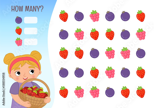 Counting educational children game, math kids activity sheet. How many objects task. Vector illustration of a cute girl holding a basket with strawberries.

