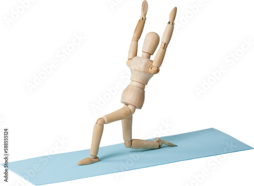 Wooden 3d artificial figurine exercising on exercise mat