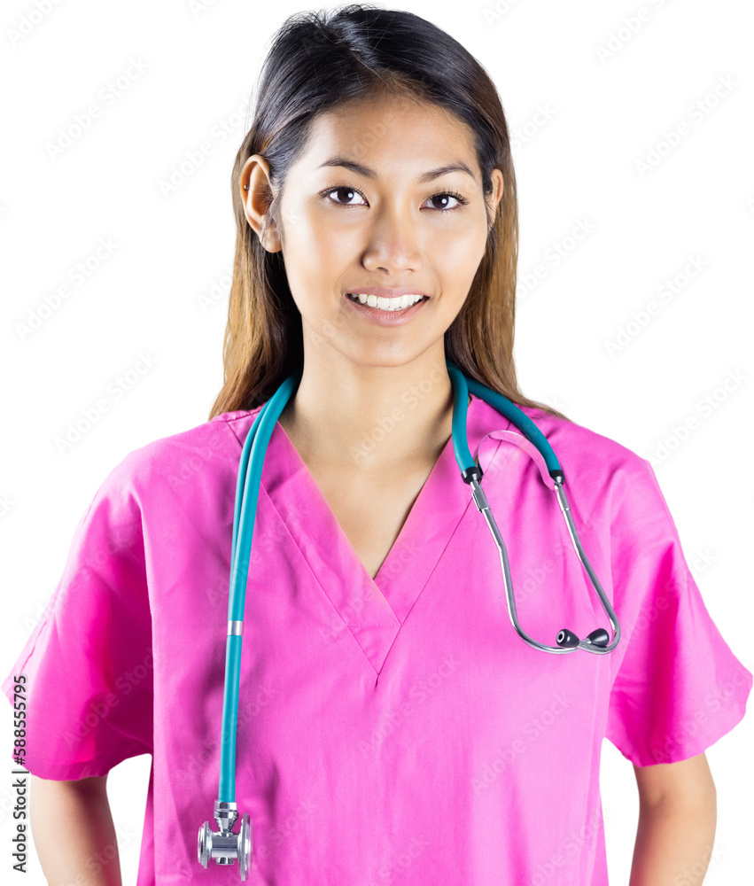 Asian nurse with stethoscope looking at the camera Asian nurse with stethoscope looking at the camera