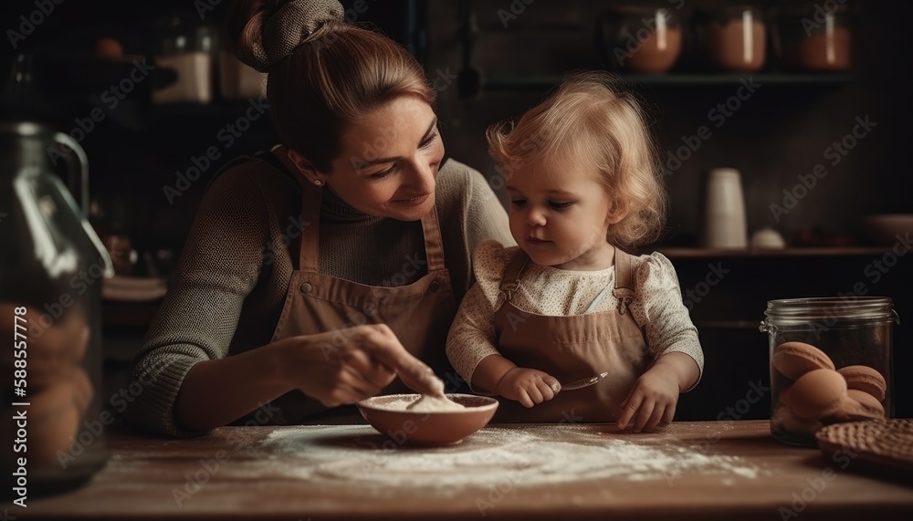 Mother and child bonding over a shared activity, such as cooking or crafting. Mother's Day. Generative AI