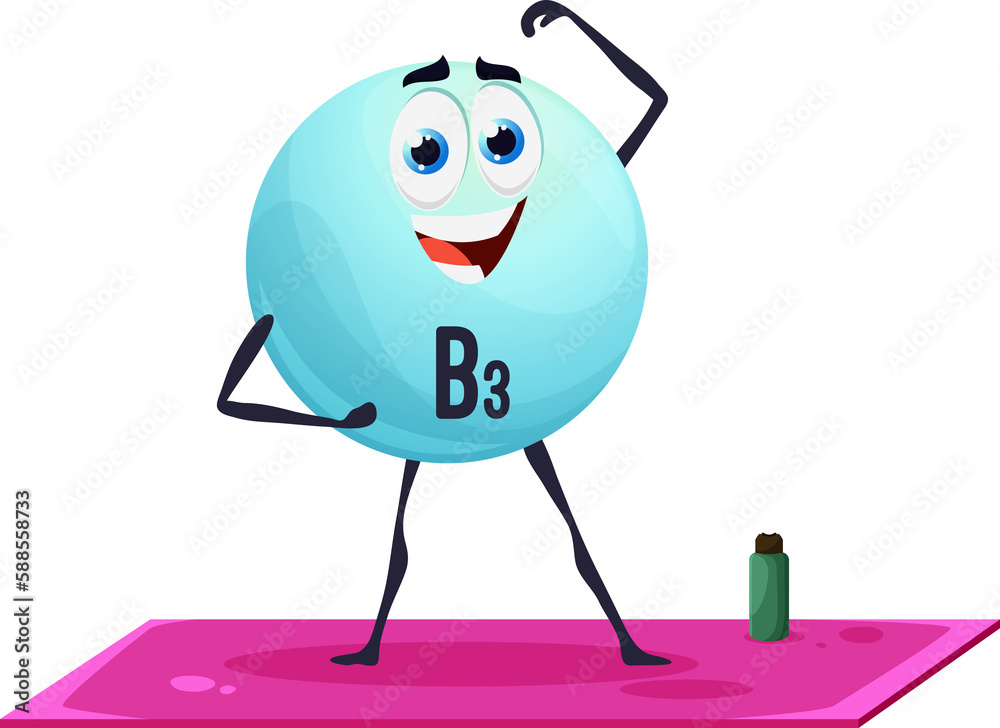 Cartoon vitamin B3 character on fitness, Niacin Cartoon vitamin B3 character on fitness, Niacin