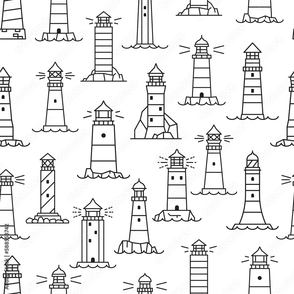 Lighthouse and beacon silhouette seamless pattern