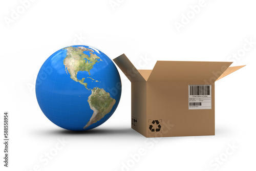 3D image of globe by cardboard box
