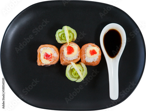 High angle view of fresh japanese food with sauce