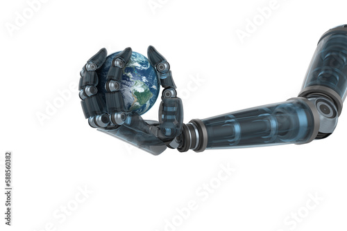 Illustration of black robot hand holding globe