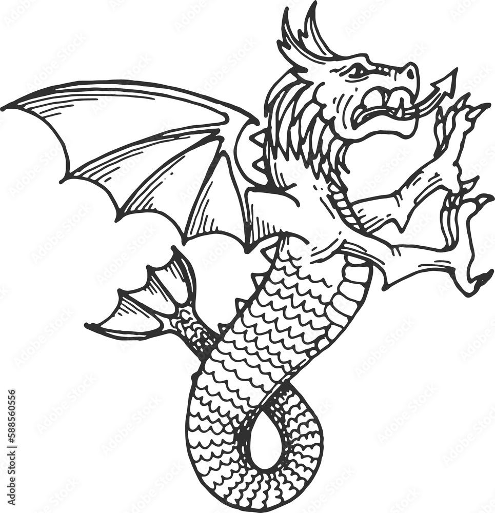 Heraldic Medieval creature sketch, fantasy dragon