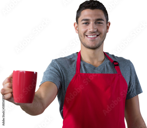 Male waiter holding coffee mug