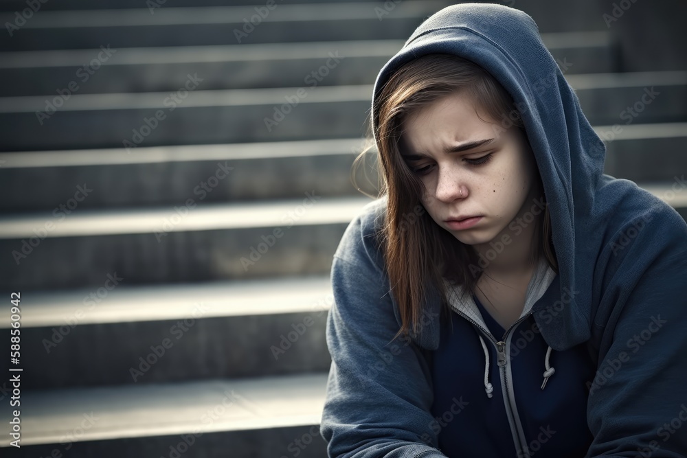 Depressed and sad teenage girl sitting in stairs. Generative AI Depressed and sad teenage girl sitting in stairs. Generative AI