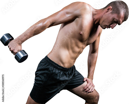 Shirtless athlete working out with dumbbell