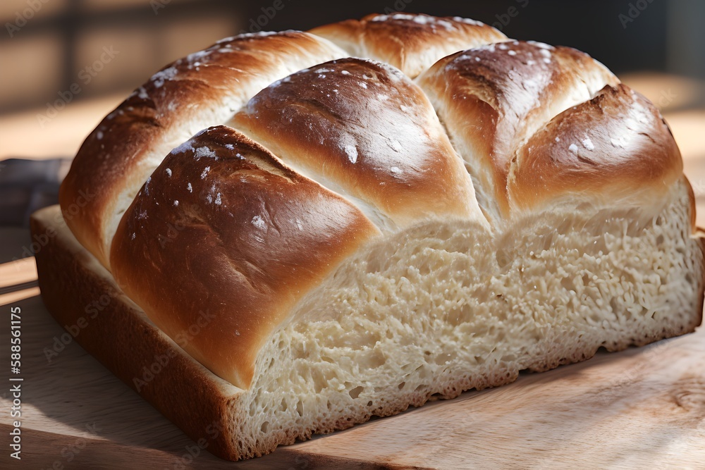 Baked bread on wooden table, closeup image, Generative AI Baked bread on wooden table, closeup image, Generative AI
