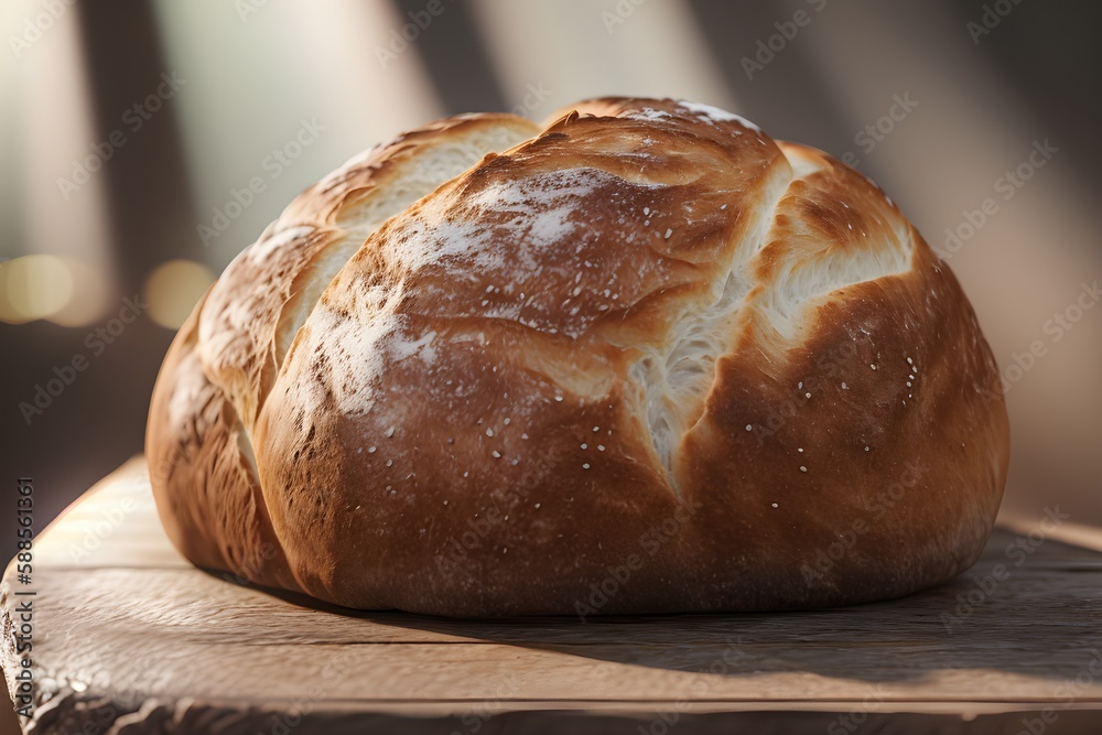 Baked bread on wooden table, closeup image, Generative AI
