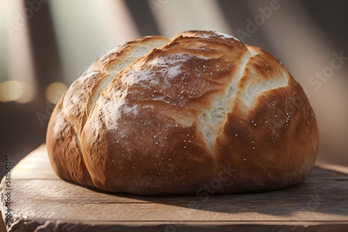 Baked bread on wooden table, closeup image, Generative AI