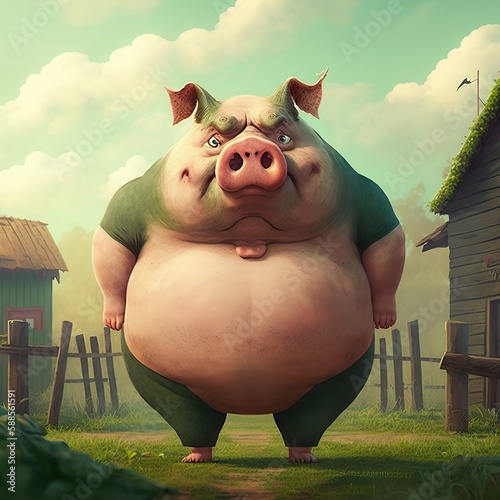 fat ugly pig on a farm cartoon style