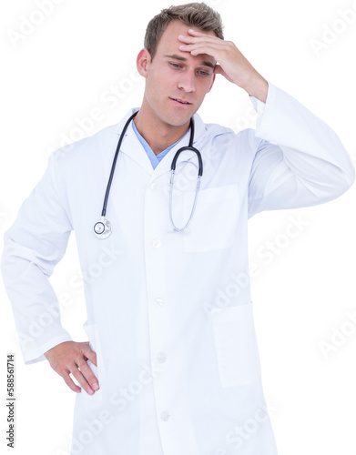 Upset male doctor touching forehead